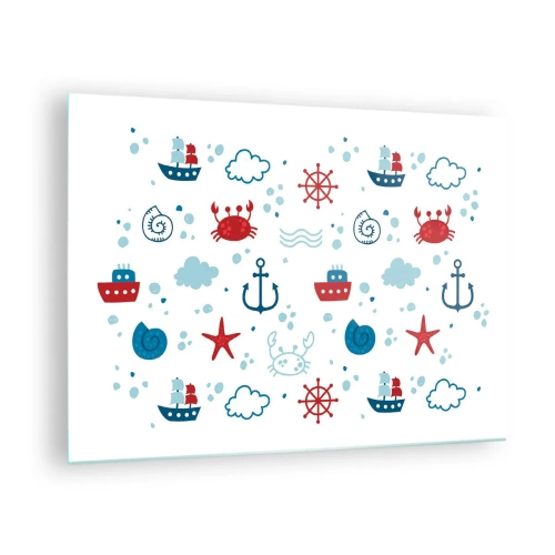 Obraz na szkle - Marynistyczne wzory z krabami, kotwicami i statkami - 70x50cm - Morska bajka - Nowoczesna dekoracja ścienna do salonu i sypialni ARTTOR