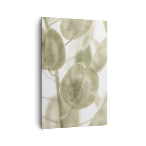 Obraz na płótnie - Delikatny obraz liści w pastelowych odcieniach zieleni na jasnym tle - 80x120cm - Na początku były listki… - Nowoczesna dekoracja ścienna do salonu i sypialni ARTTOR