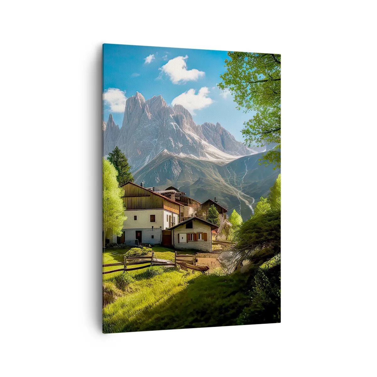 Obraz na płótnie - Górska wioska z domami i widokiem na szczyty Alp - 70x100cm - Alpejska sielanka - Nowoczesna dekoracja ścienna do salonu i sypialni ARTTOR