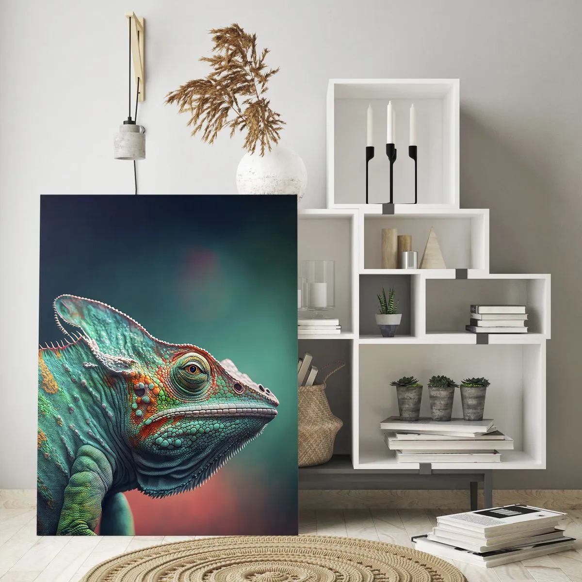 Obraz na szkle - Kolorowy kameleon na rozmytym tle w intensywnym świetle - 50x70cm - Widzisz mnie? Niedobrze… - Nowoczesna dekoracja ścienna do salonu, kuchni i sypialni ARTTOR