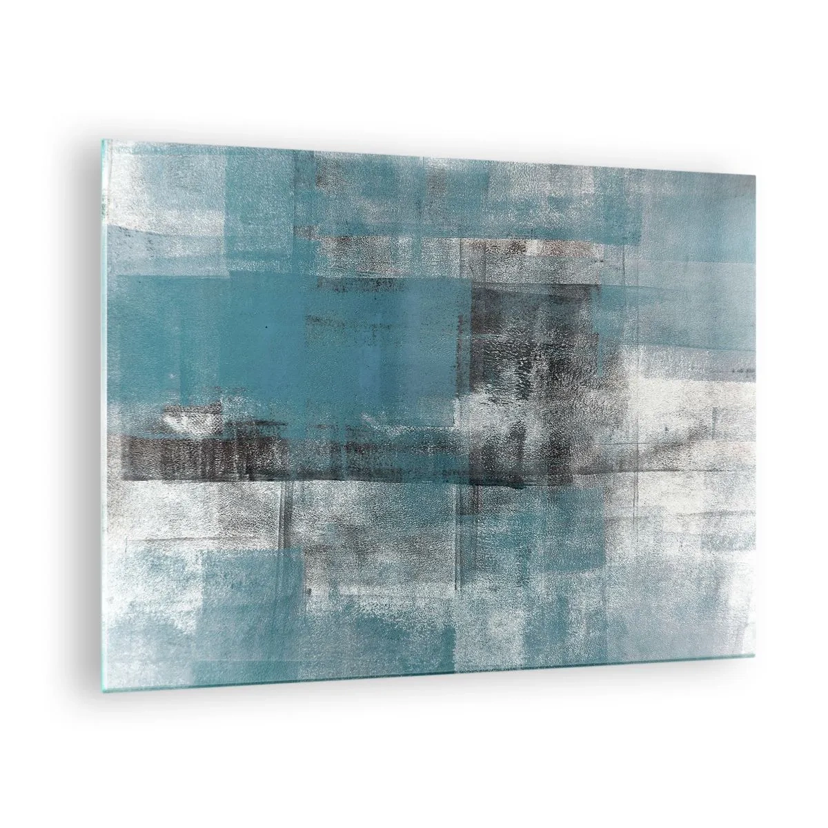 Obraz na szkle - Abstrakcja w odcieniach błękitu i szarości z geometrycznymi kształtami - 70x50cm - Woda i powietrze - Nowoczesna dekoracja ścienna do salonu i sypialni ARTTOR