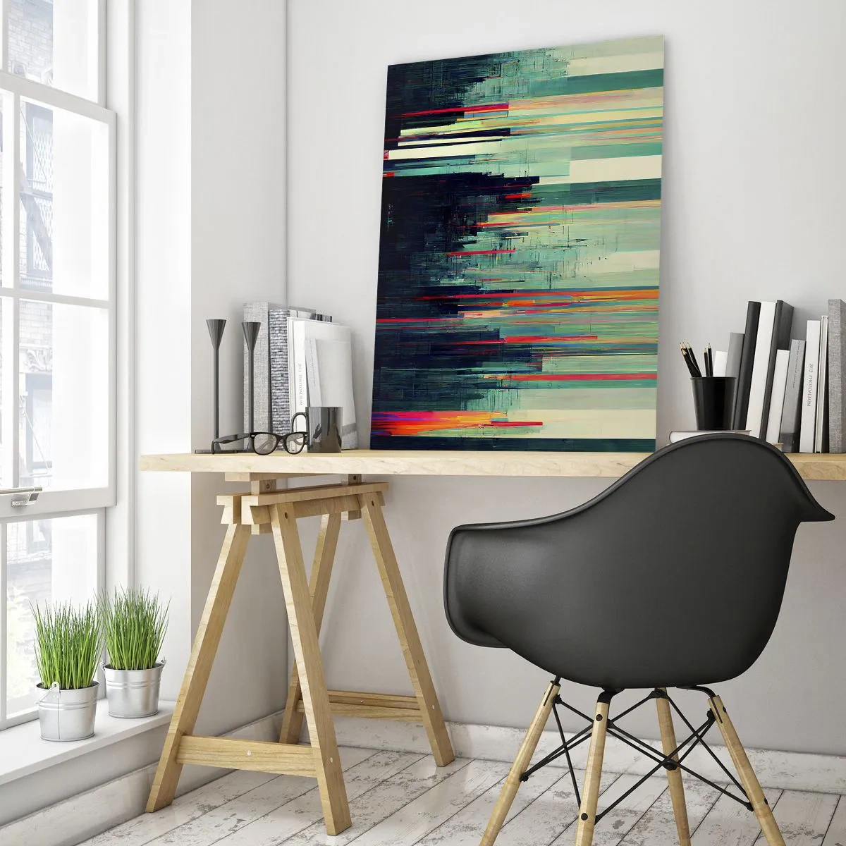 Obraz na szkle - Abstrakcja z pionowymi liniami i miejską panoramą - 70x100cm - Futurystyczne miasto - Nowoczesna dekoracja ścienna do salonu i sypialni ARTTOR