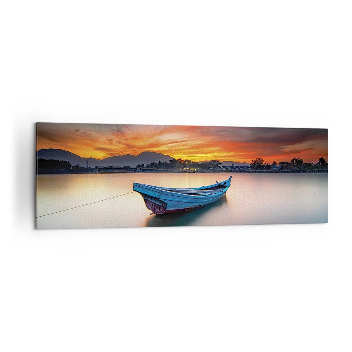 Obraz na płótnie - Łódź na wodzie podczas malowniczego zachodu słońca - 160x50cm - Nadchodzi dobra noc - Nowoczesna dekoracja ścienna do salonu i sypialni ARTTOR