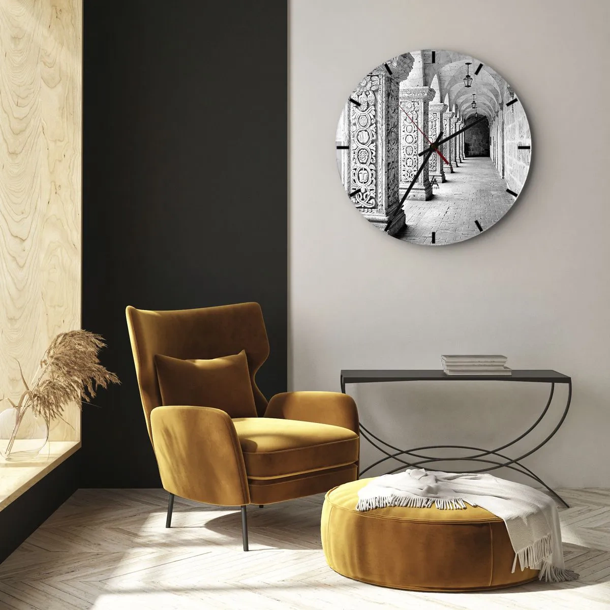 Zegar ścienny - Czarno-biały korytarz arkadowy z rzeźbionymi kolumnami - 30x30cm - A dokąd to…? - Nowoczesna dekoracja ścienna do salonu, kuchni i sypialni ARTTOR
