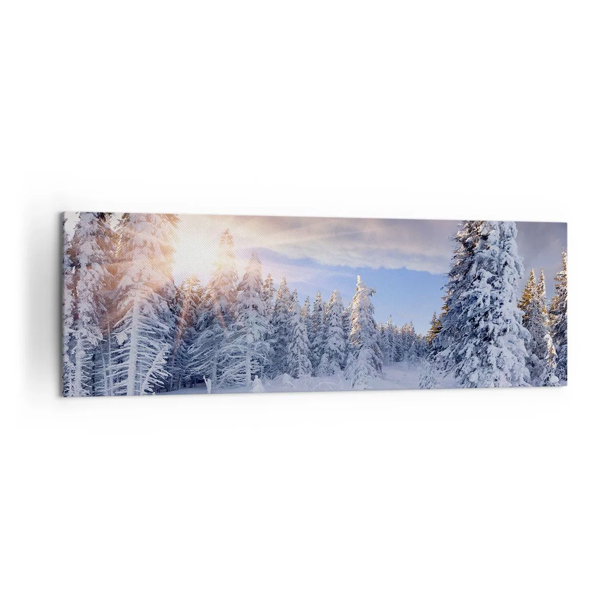 Obraz na płótnie - Zimowy krajobraz z ośnieżonym lasem o zachodzie słońca - 160x50cm - Snieżny spektakl natury - Nowoczesna dekoracja ścienna do salonu i sypialni ARTTOR