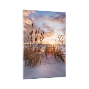 Obraz na szkle - Wydmy z trawami na tle zachodzącego słońca - 70x100cm - Pożegnanie słońca i wiatru - Nowoczesna dekoracja ścienna do salonu i sypialni ARTTOR