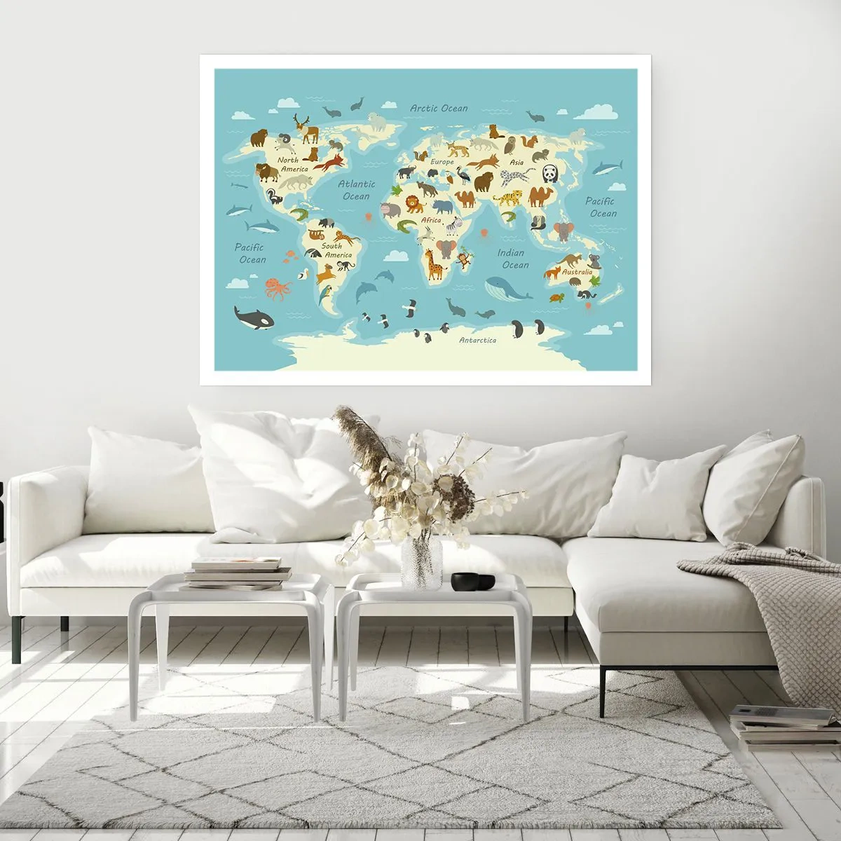 Plakat - Mapa świata z ilustracjami zwierząt - 100x70cm - Dobrzy sąsiedzi - Nowoczesna dekoracja ścienna do salonu i sypialni ARTTOR