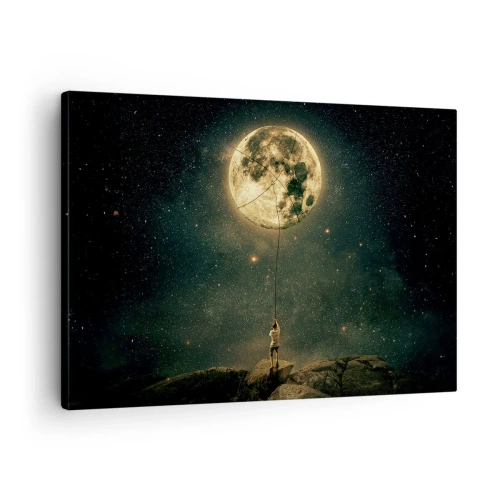 Obraz na płótnie - Człowiek z Księżycem na tle gwieździstego nieba - 70x50cm - Jeden taki, co ukradł Księżyc - Nowoczesna dekoracja ścienna do salonu i sypialni ARTTOR