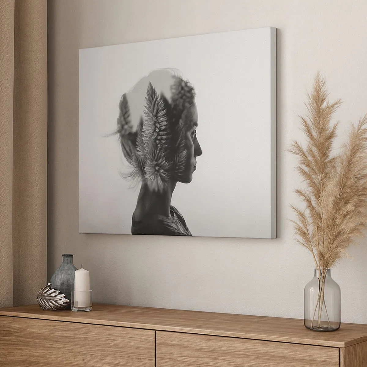 Obraz na płótnie - Subtelny portret z elementami natury - 70x50cm - Pani sosnowego lasu - Nowoczesna dekoracja ścienna do salonu i sypialni ARTTOR