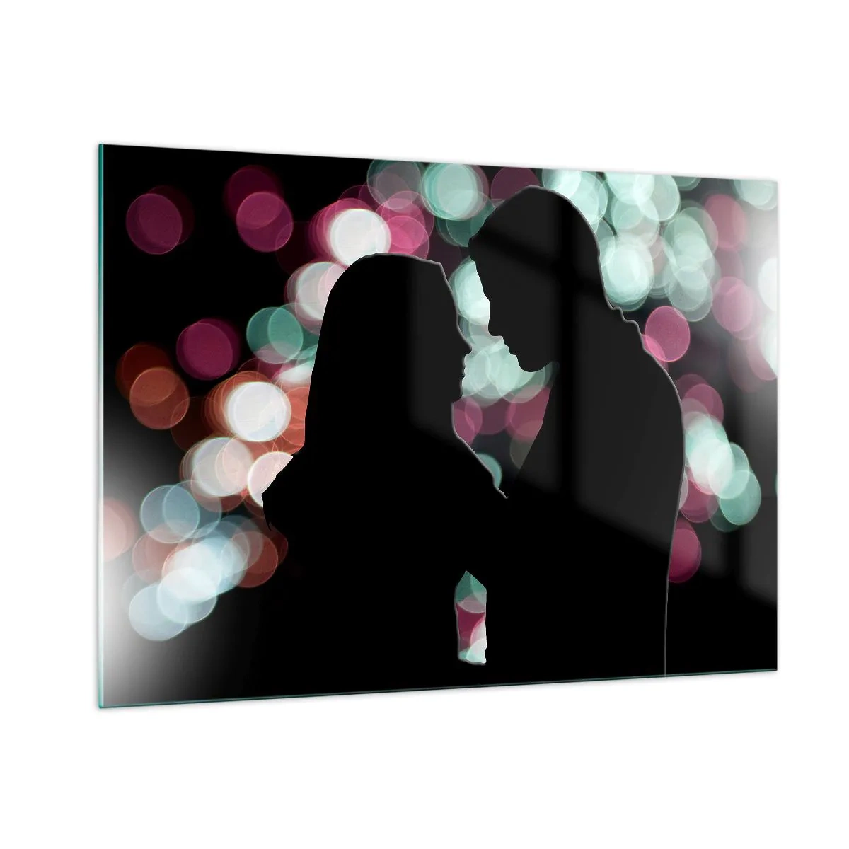 Obraz na szkle - Sylwetki pary na tle kolorowych świateł bokeh - 100x70cm - Tak! - Nowoczesna dekoracja ścienna do salonu, kuchni i sypialni ARTTOR