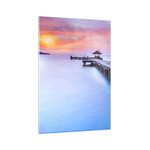 Obraz na szkle - Drewniane molo prowadzące na wodę podczas zachodu słońca - 70x100cm - Morze spokoju aż po horyzont - Nowoczesna dekoracja ścienna do salonu i sypialni ARTTOR