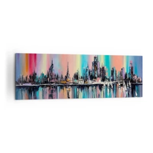 Obraz na płótnie - Kolorowy pejzaż miasta z odbiciem na wodzie - 160x50cm - Spłynąć światłem nocy - Nowoczesna dekoracja ścienna do salonu i sypialni ARTTOR