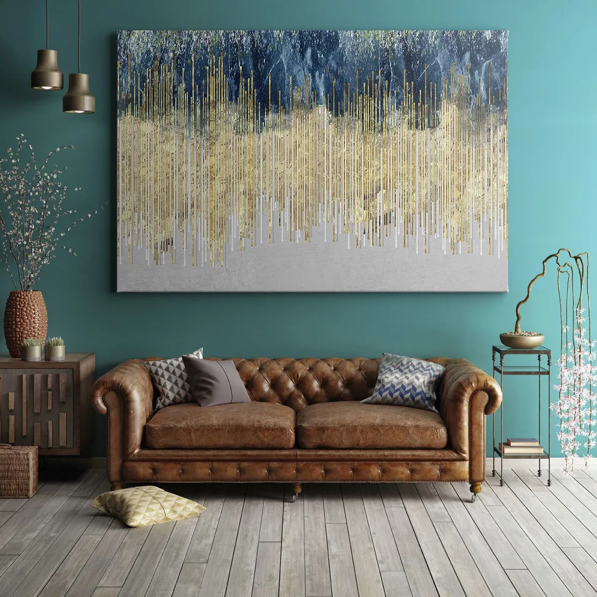 Obraz na płótnie - Złote linie na tle granatowej i szarej abstrakcji - 70x50cm - Wyzłocona granica - Nowoczesna dekoracja ścienna do salonu i sypialni ARTTOR