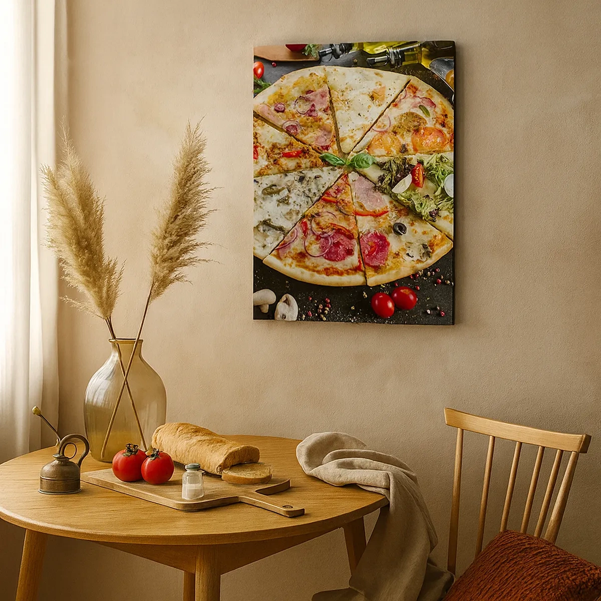 Obraz na płótnie - Pizza z różnymi dodatkami ułożona na czarnym tle z pomidorkami i przyprawami - 50x70cm - Wachlarz smaków - Nowoczesna dekoracja ścienna do salonu, kuchni i sypialni ARTTOR