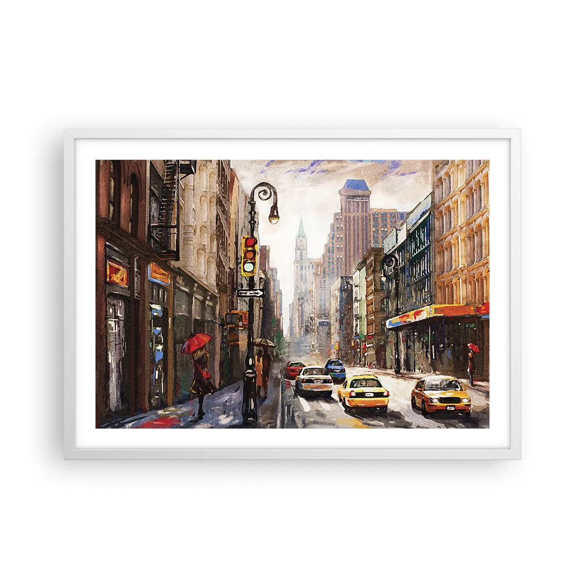 Plakat w białej ramie - Nowy Jork – w deszczu tez kolorowy - 70x50 cm