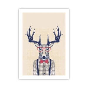 Plakat - Stylowy jeleń w okularach i muszce na beżowym tle - 50x70cm - Zabawna ekstrawagancja - Nowoczesna dekoracja ścienna do salonu, kuchni i sypialni ARTTOR