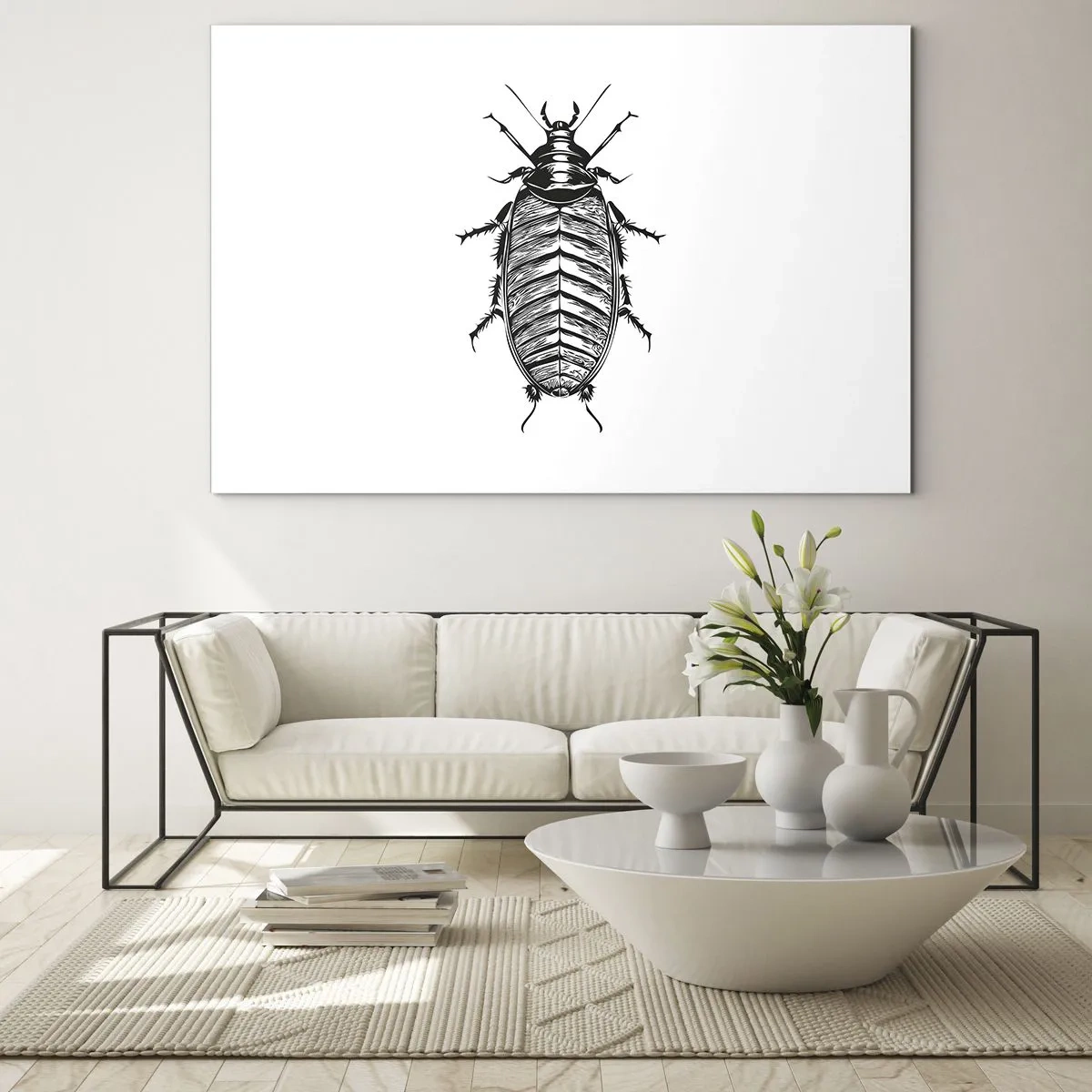 Obraz na szkle - Czarno-biała ilustracja owada na białym tle - 70x50cm - Co za okaz! - Nowoczesna dekoracja ścienna do salonu i sypialni ARTTOR