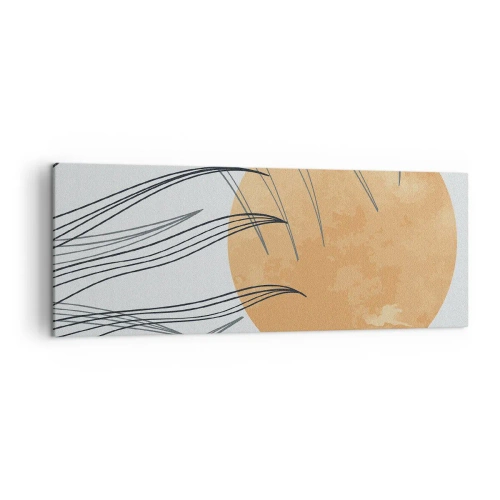 Obraz na płótnie - Abstrakcyjne źdźbła traw na tle dużego pomarańczowego słońca - 140x50cm - Zawsze ku słońcu - Nowoczesna dekoracja ścienna do salonu i sypialni ARTTOR