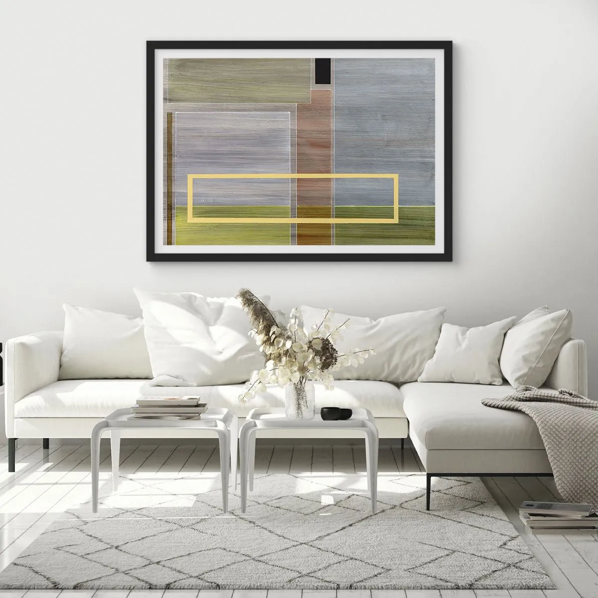 Plakat w czarnej ramie - Geometryczna kompozycja w pastelowych barwach z prostokątami - 70x50cm - Prosto i spokojnie - Nowoczesna dekoracja ścienna do salonu i sypialni ARTTOR