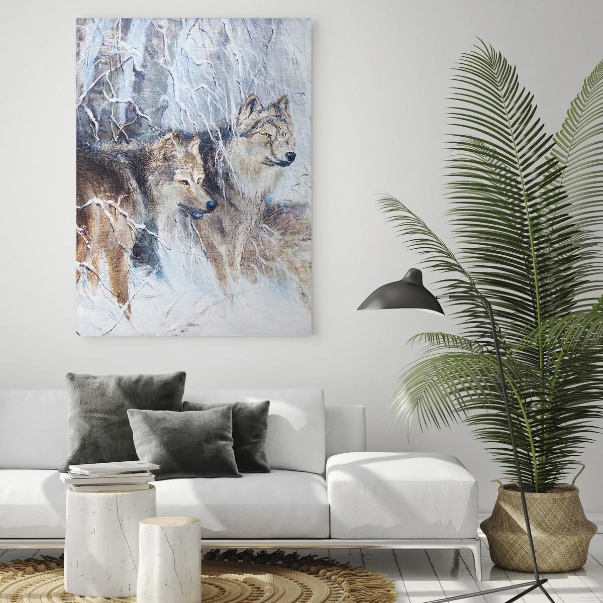 Obraz na szkle - Trzy wilki w zimowym lesie otoczone śniegiem - 50x70cm - Uwaga! Nadchodzi… - Nowoczesna dekoracja ścienna do salonu, kuchni i sypialni ARTTOR