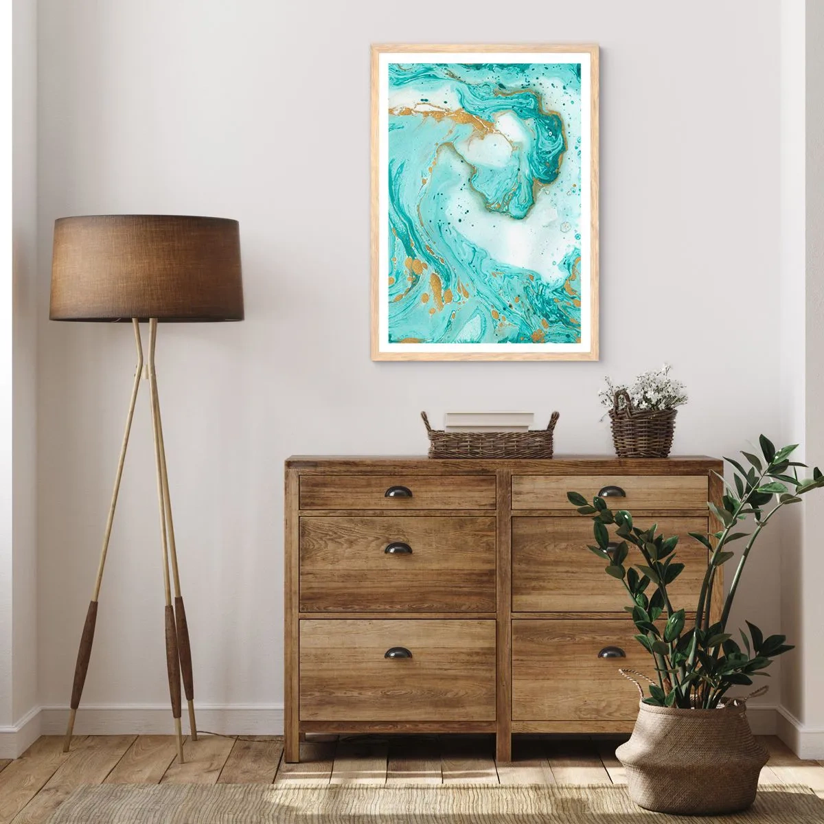 Plakat w ramie jasny dąb - Pod wielką falą z epoki Edo - 40x50 cm