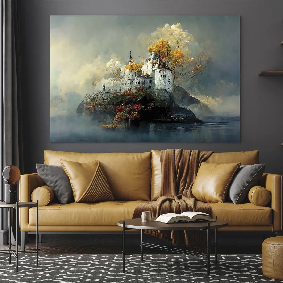 Obraz na szkle - Zamek na skale otoczony mgłą i jesiennymi drzewami - 70x50cm - Początek romantycznej opowieści - Nowoczesna dekoracja ścienna do salonu i sypialni ARTTOR