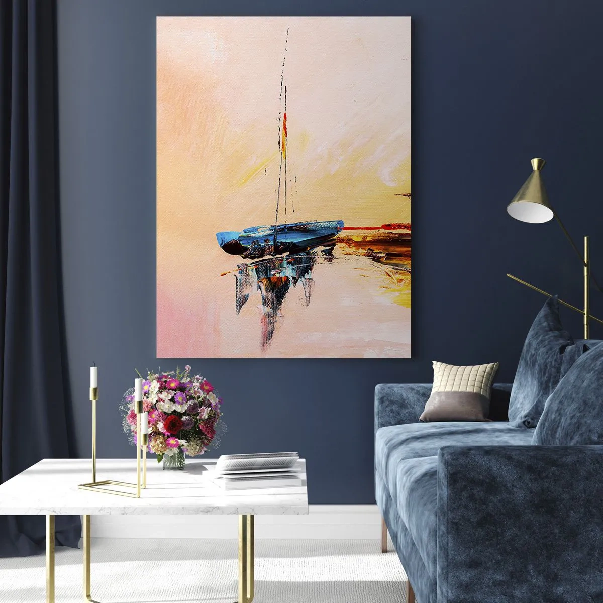 Obraz na szkle - Kolorowe łódki na spokojnej wodzie o zachodzie słońca - 80x120cm - Wieczór w przystani - Nowoczesna dekoracja ścienna do salonu i sypialni ARTTOR