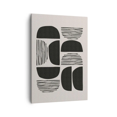 Obraz na płótnie - Abstrakcyjna kompozycja geometrycznych form w czerni - 50x70cm - Połowiczne układy - Nowoczesna dekoracja ścienna do salonu, kuchni i sypialni ARTTOR