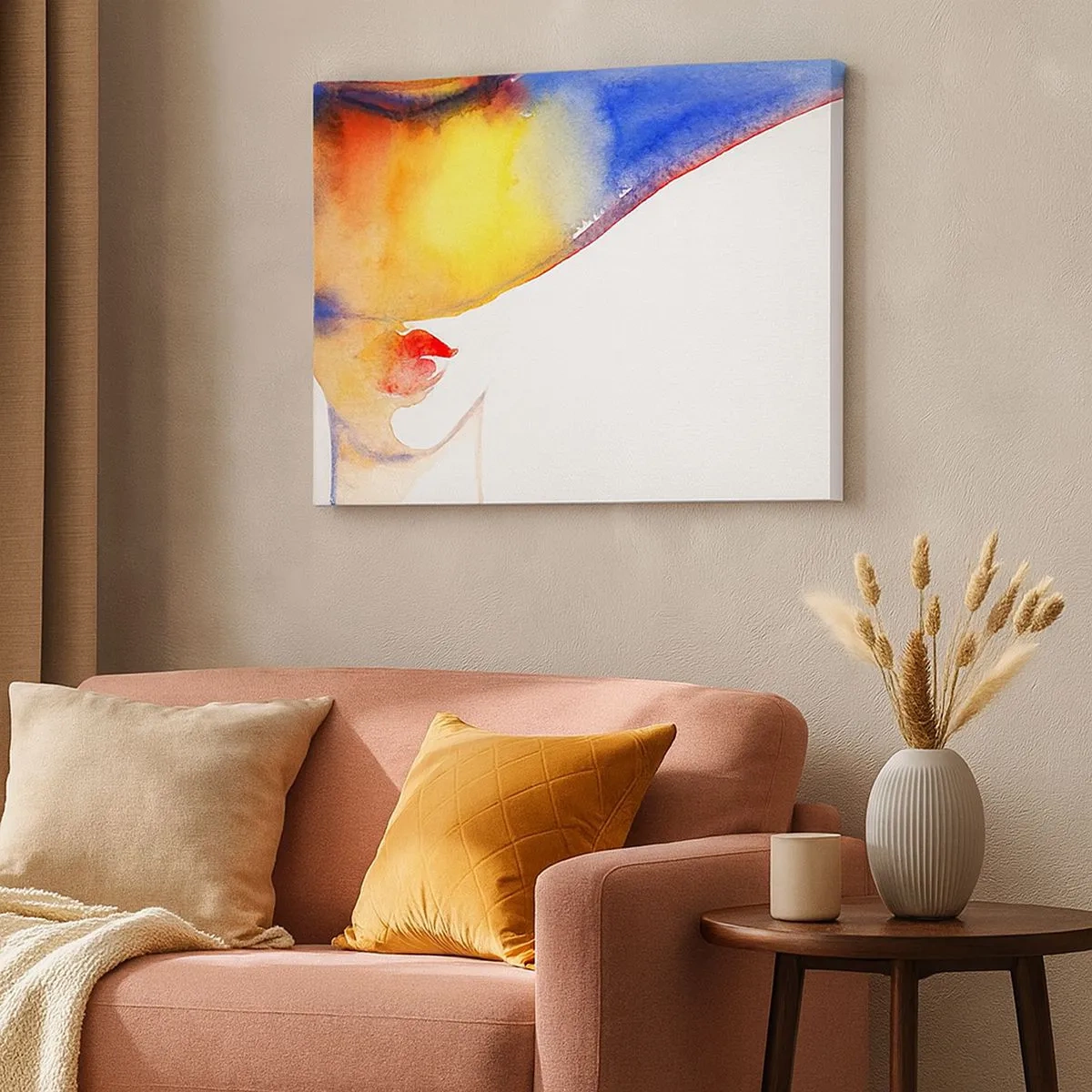 Obraz na płótnie - Minimalistyczna akwarela kobiecego profilu z kolorowym kapeluszem - 70x50cm - Portret damy - Nowoczesna dekoracja ścienna do salonu i sypialni ARTTOR