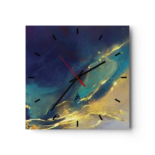Zegar ścienny - Abstrakcyjna kompozycja w odcieniach niebieskiego i złotego na płótnie - 30x30cm - Złote rozlewisko - Nowoczesna dekoracja ścienna do salonu i sypialni ARTTOR