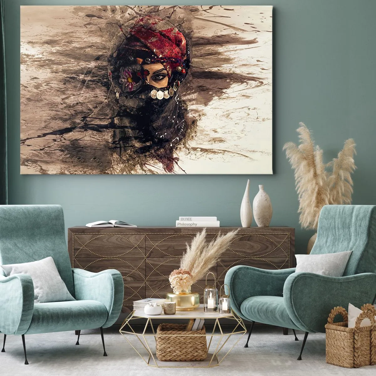 Obraz na płótnie - Artystyczny portret kobiety w orientalnym stroju na abstrakcyjnym tle - 70x50cm - Co najmniej niepokojąca - Nowoczesna dekoracja ścienna do salonu i sypialni ARTTOR