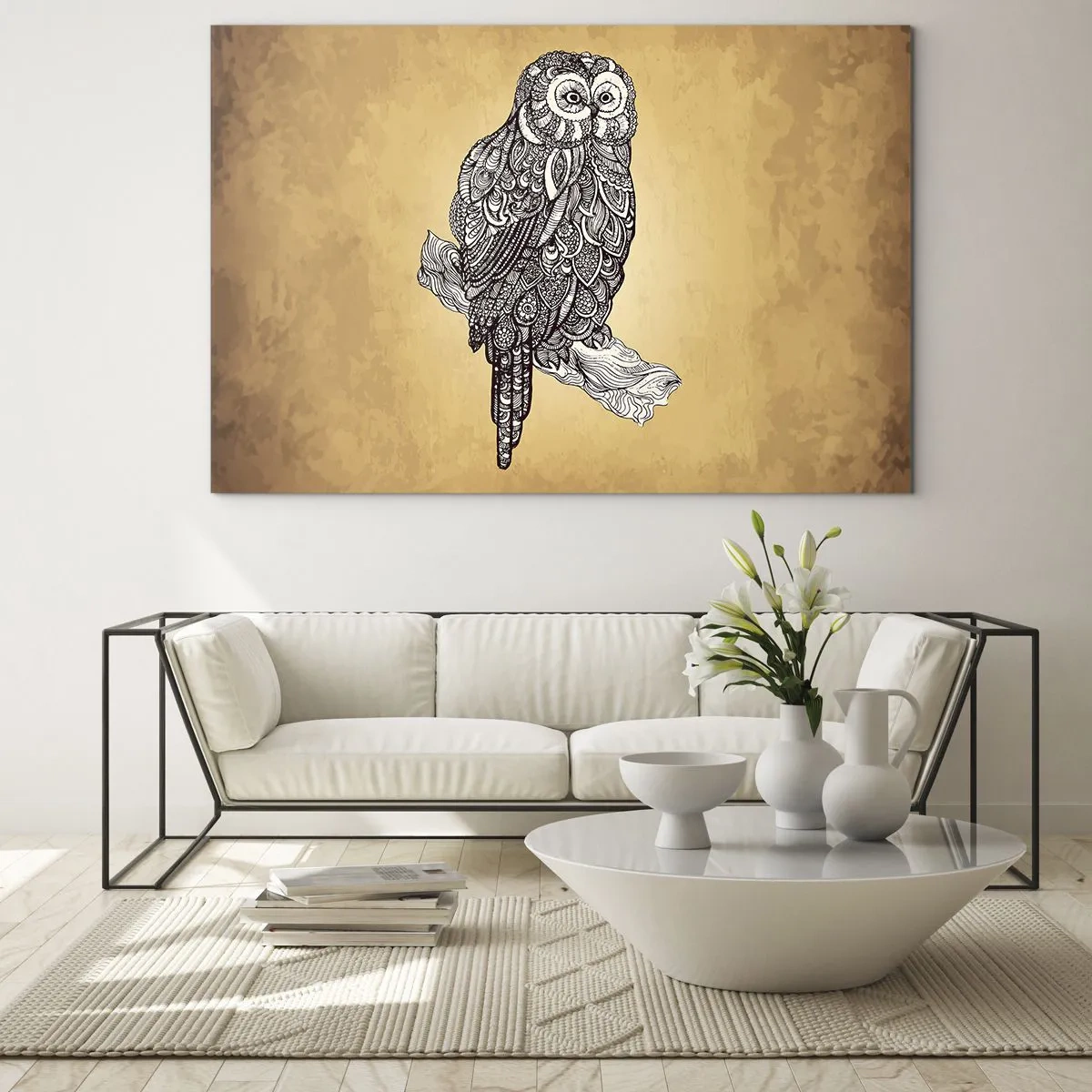 Obraz na szkle - Sowa w ornamentowym stylu na tle w kolorze sepii - 70x50cm - Misterne ornamenty mądrości - Nowoczesna dekoracja ścienna do salonu i sypialni ARTTOR