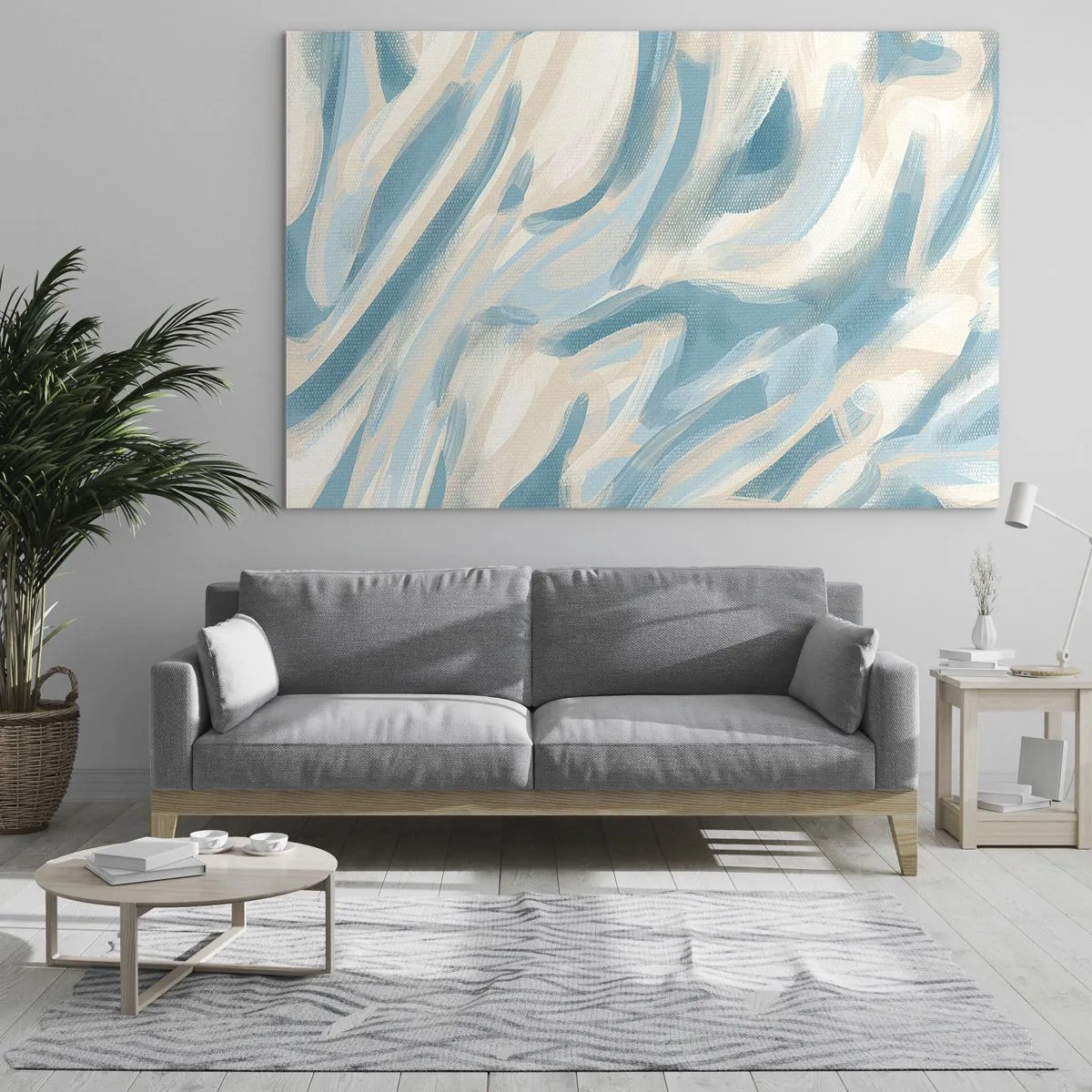 Obraz na szkle - Abstrakcyjne pociągnięcia pędzla w błękitnych i kremowych barwach - 70x50cm - Wiosenne powiewy - Nowoczesna dekoracja ścienna do salonu i sypialni ARTTOR
