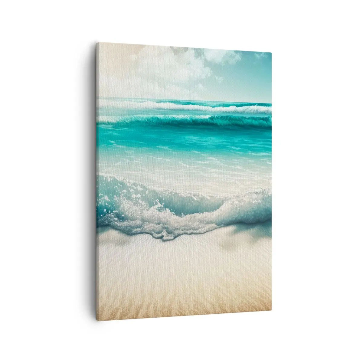 Obraz na płótnie - Turkusowe fale delikatnie obmywające piaszczystą plażę pod błękitnym niebem - 50x70cm - Spokój oceanu - Nowoczesna dekoracja ścienna do salonu, kuchni i sypialni ARTTOR