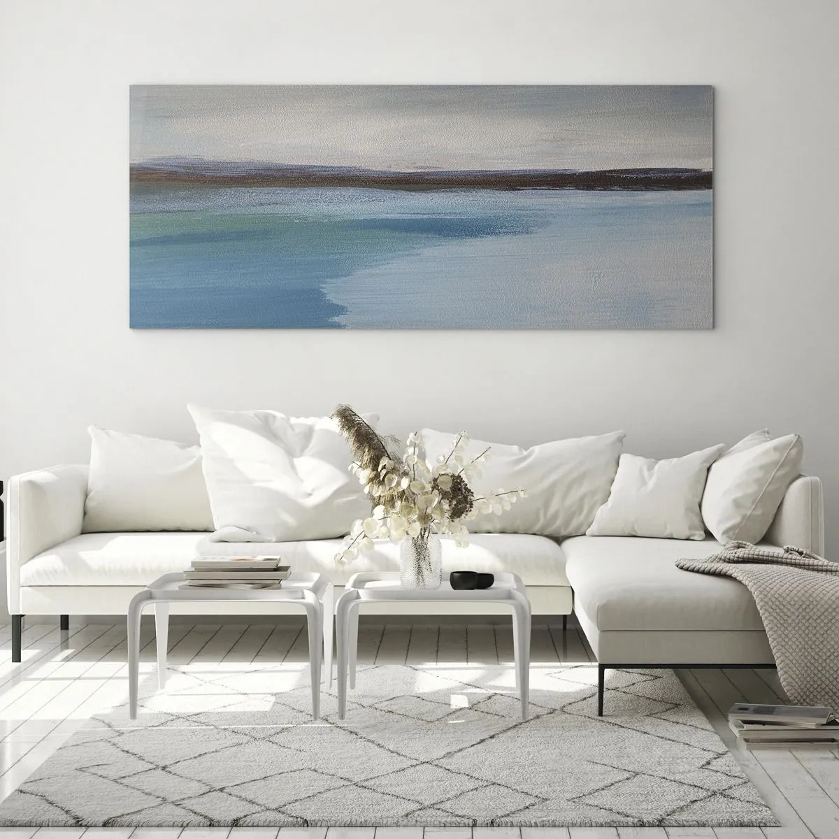 Obraz na szkle - Minimalistyczny pejzaż z linią wody i horyzontem - 120x50cm - Pejzaż horyzontalny - Nowoczesna dekoracja ścienna do salonu i sypialni ARTTOR