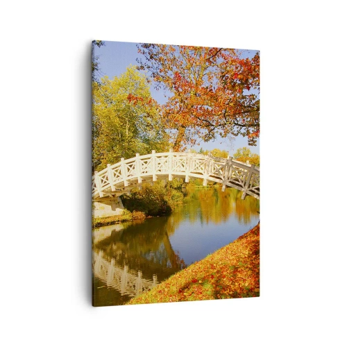 Obraz na płótnie - Biały mostek nad rzeką w jesiennym krajobrazie - 50x70cm - Na białym mostku westchnień - Nowoczesna dekoracja ścienna do salonu, kuchni i sypialni ARTTOR