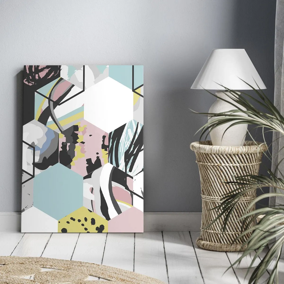 Obraz na płótnie - Geometryczny wzór heksagonów z kolorowymi abstrakcyjnymi detalami - 80x120cm - Sześciokąty i sześciany w sześciu barwach - Nowoczesna dekoracja ścienna do salonu i sypialni ARTTOR
