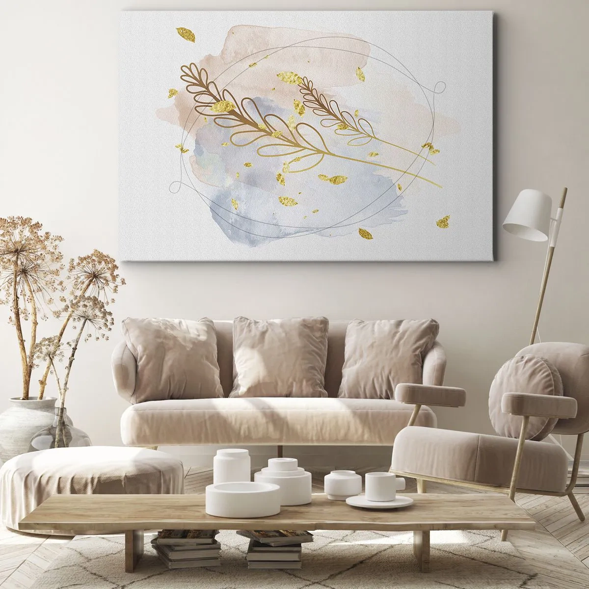 Obraz na płótnie - Delikatny motyw liści w złotym kolorze na pastelowym tle z akwarelowymi detalami - 70x50cm - Złoty podmuch - Nowoczesna dekoracja ścienna do salonu i sypialni ARTTOR