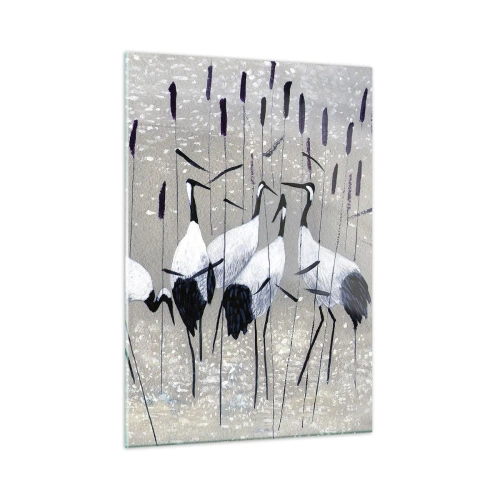 Obraz na szkle - Cztery żurawie wśród trzciny nad jeziorem - 50x70cm - Wśród swoich - Nowoczesna dekoracja ścienna do salonu, kuchni i sypialni ARTTOR