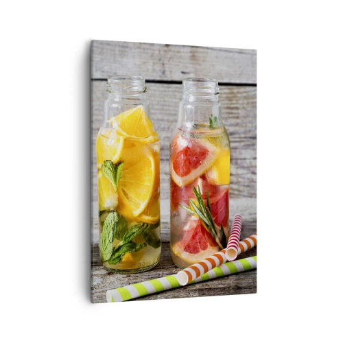 Obraz na płótnie - Butelki z wodą smakową z owocami i ziołami na drewnianym tle - 50x70cm - Zdrowe z natury - Nowoczesna dekoracja ścienna do salonu, kuchni i sypialni ARTTOR