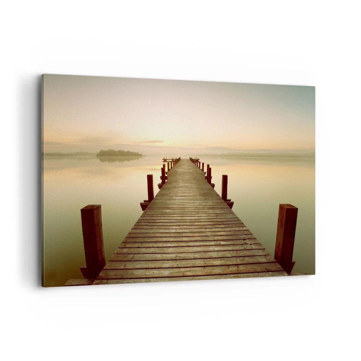 Obraz na płótnie - Drewniany pomost na spokojnym jeziorze o poranku - 120x80cm - Przedświt, świtanie, światło - Nowoczesna dekoracja ścienna do salonu, kuchni i sypialni ARTTOR