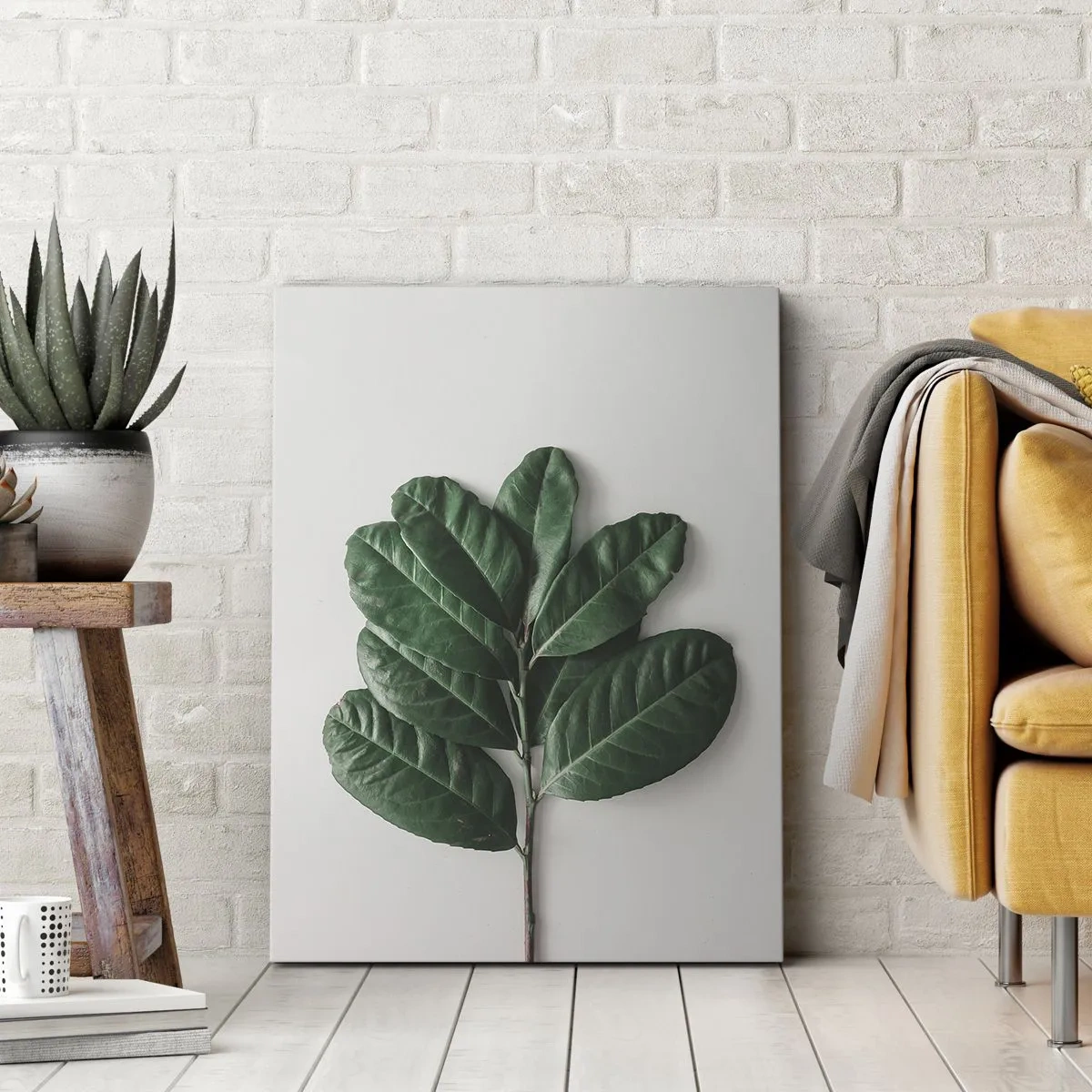 Obraz na płótnie - Gałązka zielonych liści na jasnym tle - 50x70cm - Rysunek samej natury - Nowoczesna dekoracja ścienna do salonu, kuchni i sypialni ARTTOR