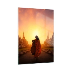Obraz na szkle - Mnich na tle zachodzącego słońca i świątyń w Azji - 50x70cm - W spokoju przez wieczność - Nowoczesna dekoracja ścienna do salonu, kuchni i sypialni ARTTOR