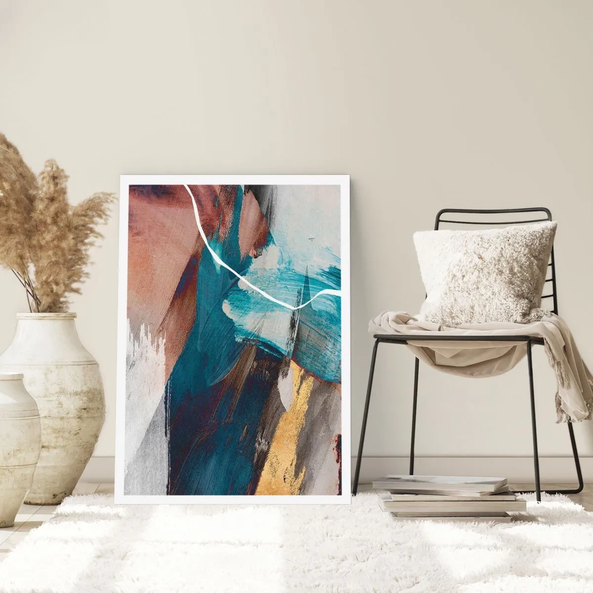 Plakat - Ekspresyjna abstrakcja w odcieniach niebieskiego i złota - 50x70cm - Z rozmachem i energicznie - Nowoczesna dekoracja ścienna do salonu, kuchni i sypialni ARTTOR