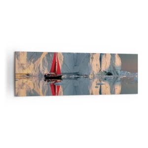 Obraz na płótnie - Żaglówka z czerwonym żaglem na tle lodowca - 160x50cm - Na krańcu świata - Nowoczesna dekoracja ścienna do salonu i sypialni ARTTOR