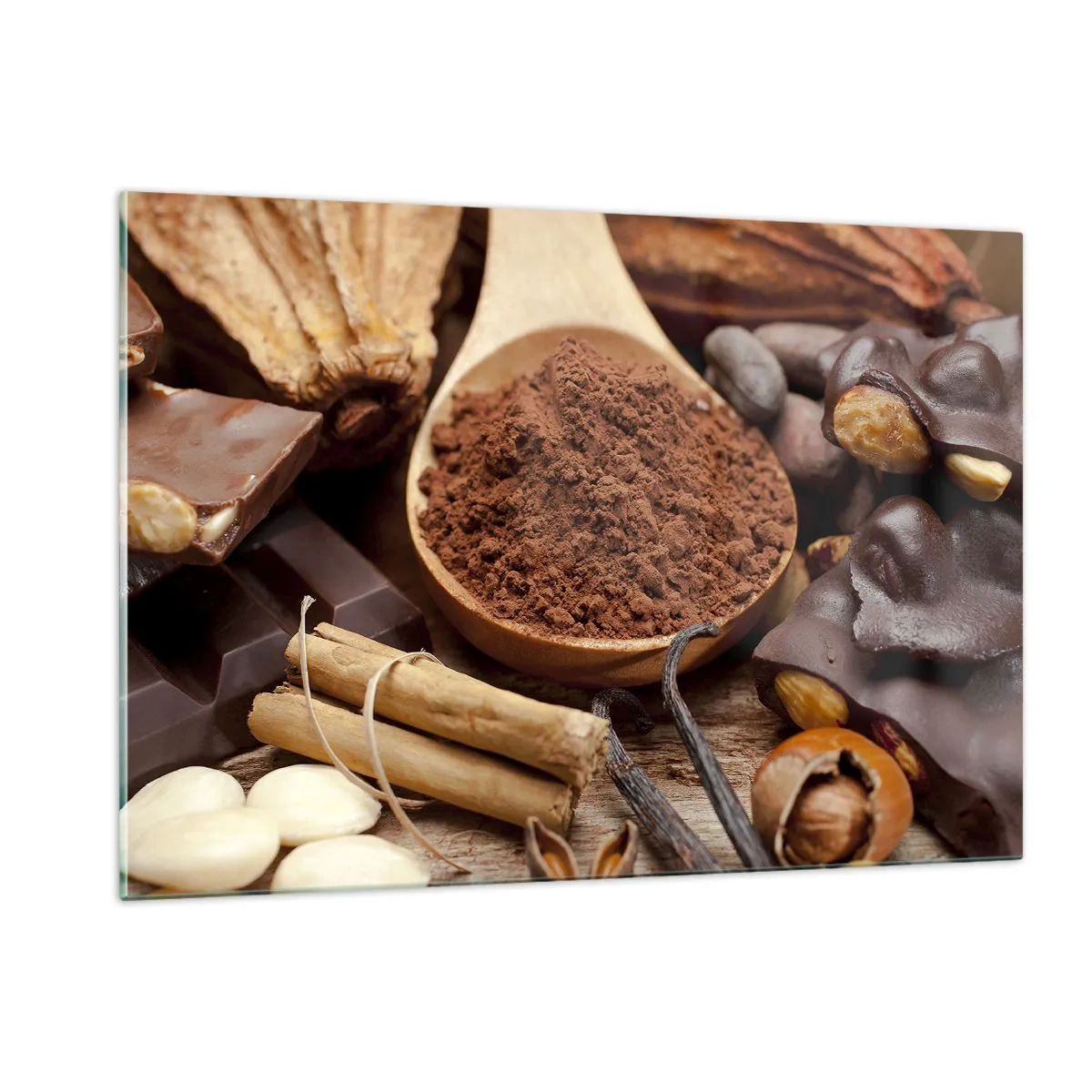 Obraz na szkle - Łyżka z kakao otoczona czekoladą, przyprawami i orzechami - 120x80cm - Najlepsza na smutki - Nowoczesna dekoracja ścienna do salonu, kuchni i sypialni ARTTOR