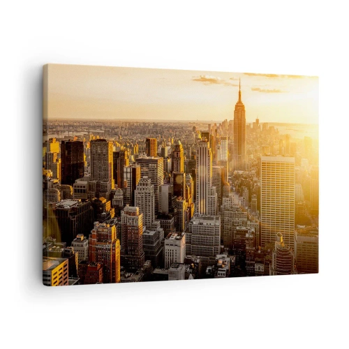 Obraz na płótnie - Panorama Nowego Jorku o zachodzie słońca z widokiem na Empire State Building - 70x50cm - Rosnąc w słońcu - Nowoczesna dekoracja ścienna do salonu i sypialni ARTTOR