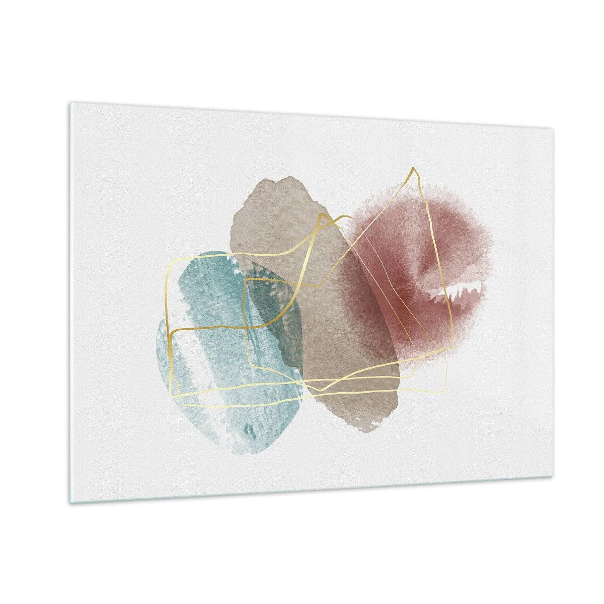 Obraz na szkle - Abstrakcyjne plamy akwareli i złote linie - 100x70cm - Korale przestrzeni - Nowoczesna dekoracja ścienna do salonu, kuchni i sypialni ARTTOR
