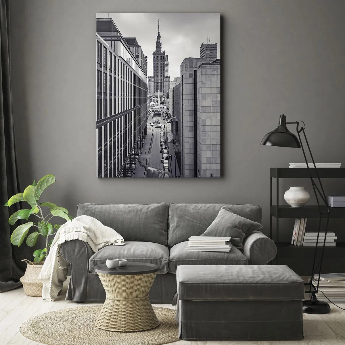 Obraz na płótnie - Czarno-biały widok na centrum Warszawy z Pałacem Kultury - 50x70cm - Warszawska dolina - Nowoczesna dekoracja ścienna do salonu, kuchni i sypialni ARTTOR