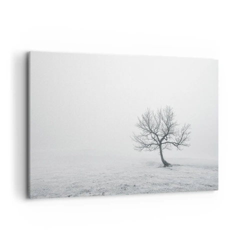 Obraz na płótnie - Samotne drzewo w zimowej mgle na pustym polu - 120x80cm - Przeciw nicości - Nowoczesna dekoracja ścienna do salonu, kuchni i sypialni ARTTOR